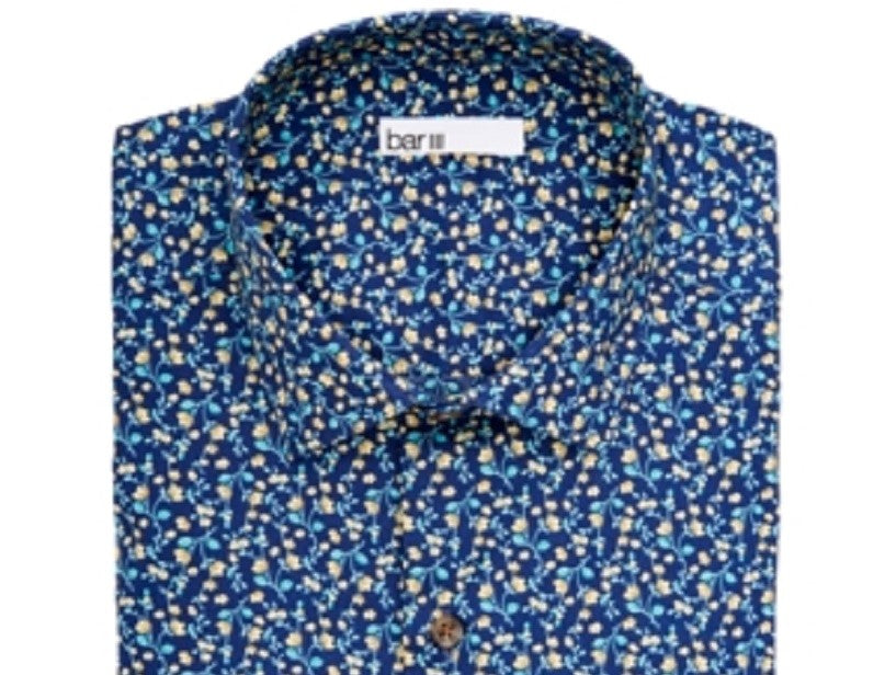 Bar III Men's Slim Fit Floral Button Down Shirt Blue Size 14 14.5 32/33