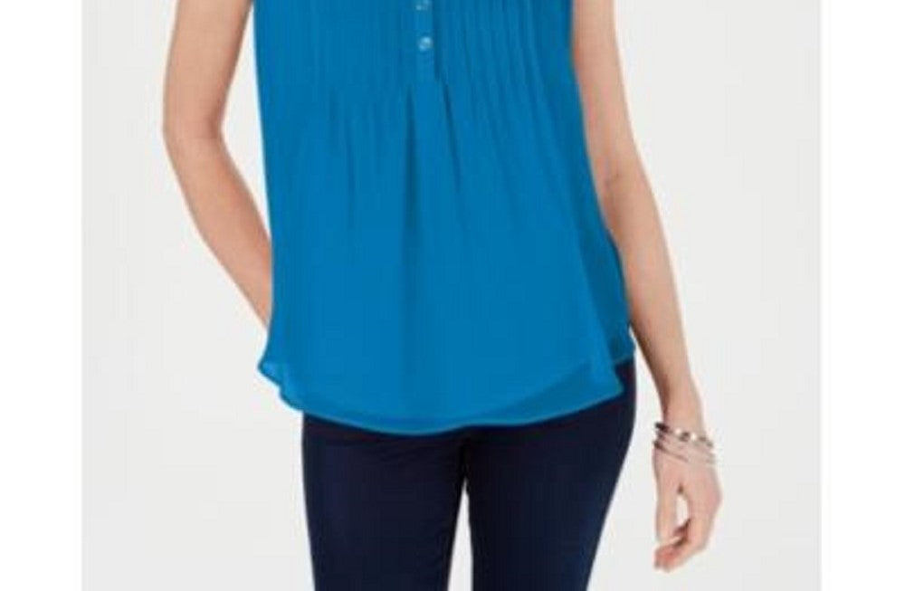 Charter Club Women's Sleeveless with Buttons Wear to Work Top Blue Size Medium