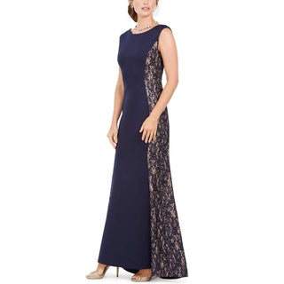 Jessica Howard Women's Sequined Floral Sleeveless Jewel Neck Full Length Sheath Formal Dress Blue Size 8