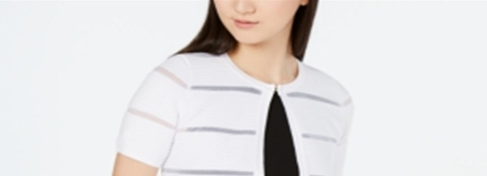 Calvin Klein Women's Ribbed Short Sleeve Open Cardigan Sweater White Size Medium