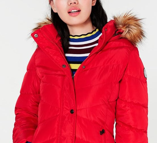 Madden Girl Junior's Hooded Faux Fur Trim Puffer Coat Red Size Large