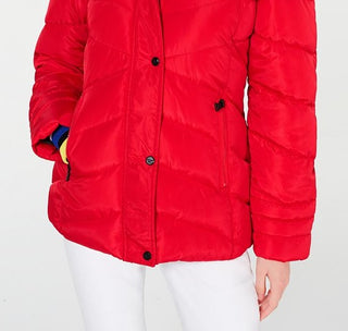 Madden Girl Junior's Hooded Faux Fur Trim Puffer Coat Red Size Large