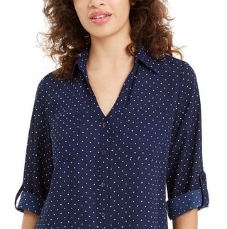 Bcx Juniors' Cuffed Dot-Print Top Blue Size Small