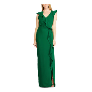 Ralph Lauren Women's Ruffled Zippered Petal Sleeve V Neck Full Length Evening Ruffled Dress Green Size 8