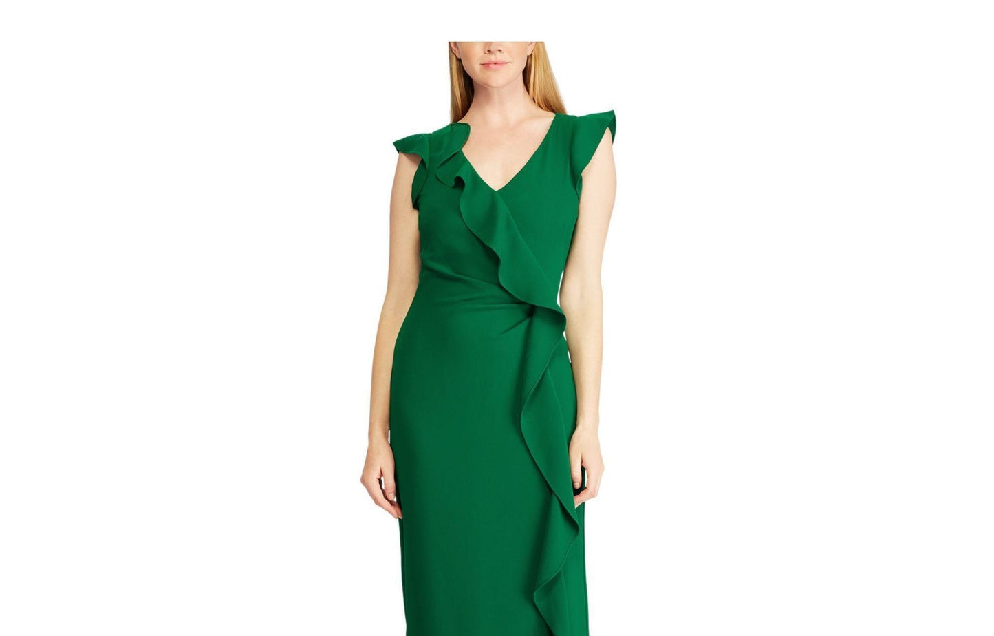 Ralph Lauren Women's Ruffled Zippered Petal Sleeve V Neck Full Length Evening Ruffled Dress Green Size 8