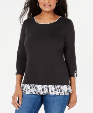 Karen Scott Women's Patterned 3/4 Sleeve Jewel Neck Top Black Size Small