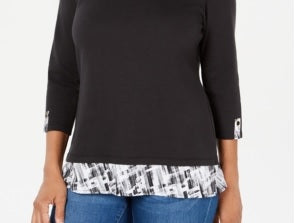 Karen Scott Women's Patterned 3/4 Sleeve Jewel Neck Top Black Size Small