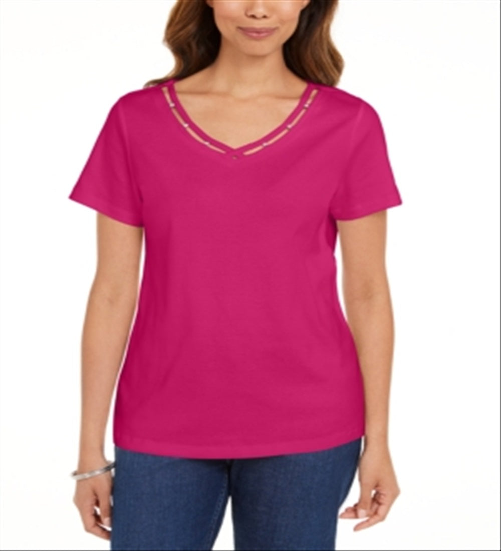 Karen Scott Women's Cotton Open Trim V Neck T-Shirt Pink Size X-Small