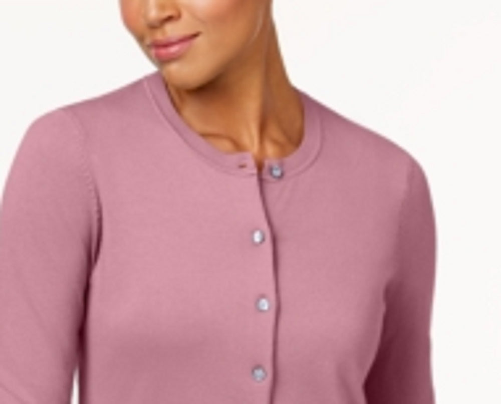 Karen Scott Women's Crew Neck Cardigan Pink Size Petite Small