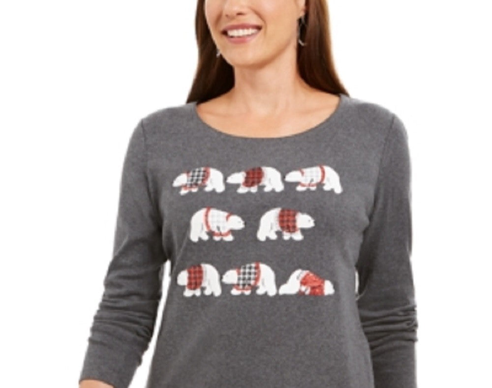 Karen Scott Women's Polar Parade Embellished Cotton Top Gray Size Small