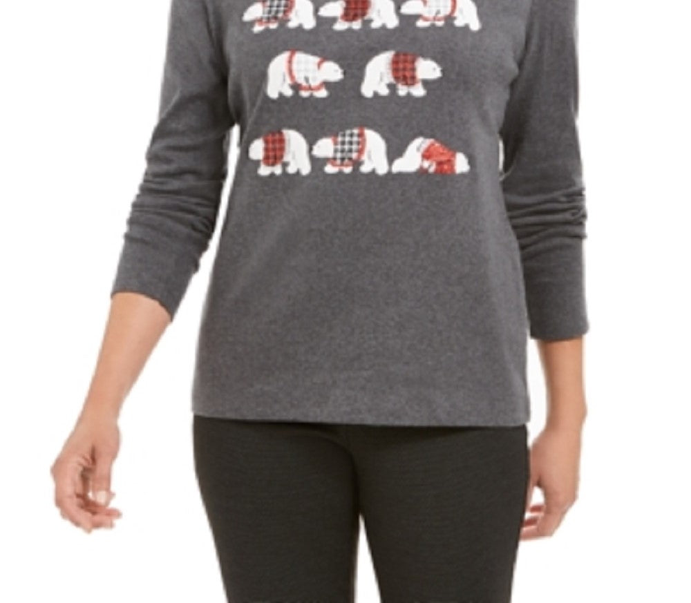 Karen Scott Women's Polar Parade Embellished Cotton Top Gray Size Small