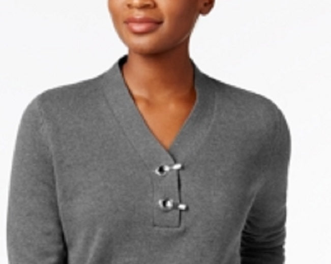 Karen Scott Women's Hardware V Neck Cotton Sweater Gray Size XX-Large