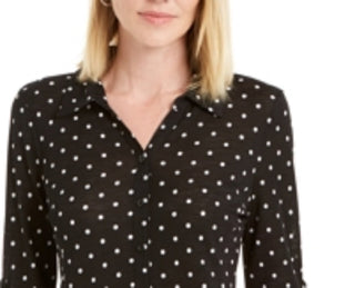 Charter Club Women's Mesh Dot Print Button-Down Top Black Size X-Small