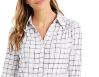 Charter Club Women's 3/4 Sleeve Printed Polo Top cloud White Size Smal