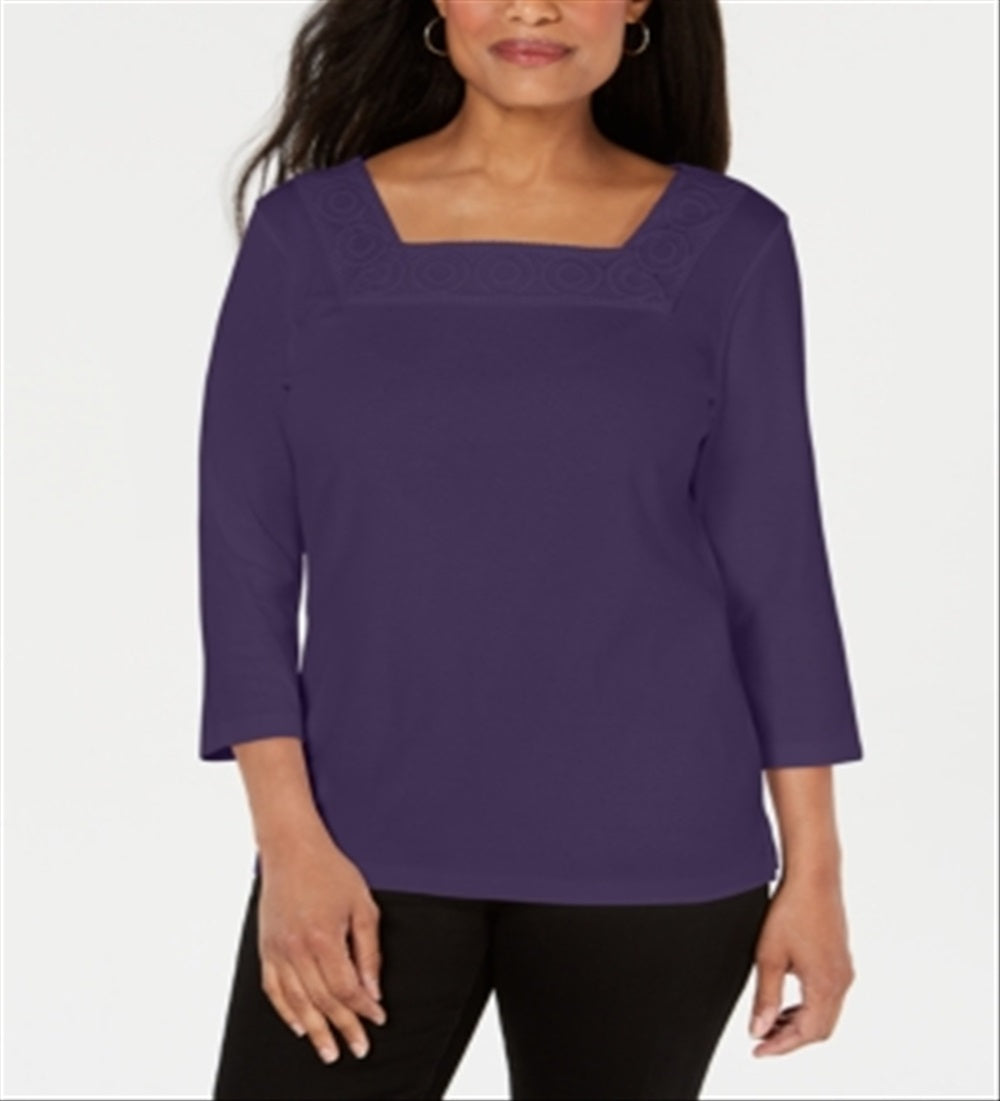 Karen Scott Women's Crochet Square Neck Top Purple Size X-Small