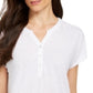 Style & Co Women's Dolman Sleeve Henley Linen Blend Top White Size Small