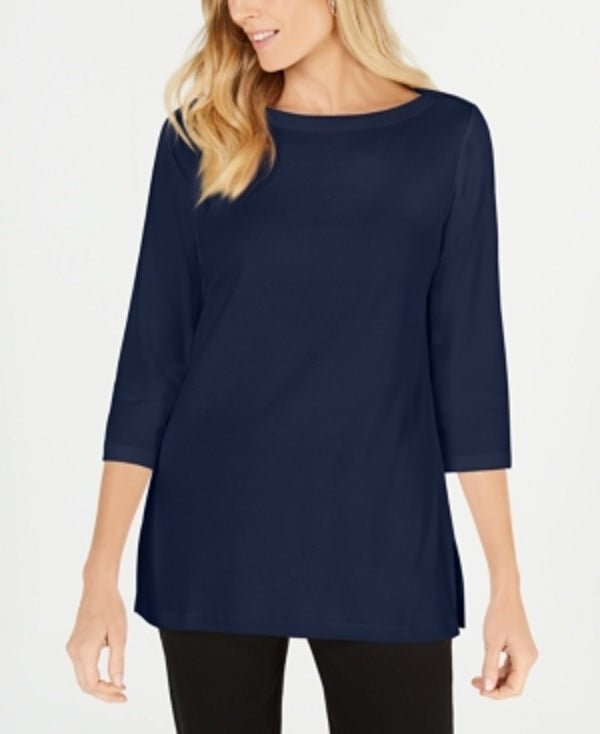 Karen Scott Women's Cotton Boat Neck 3/4 Sleeve Knit Top Blue Size Small