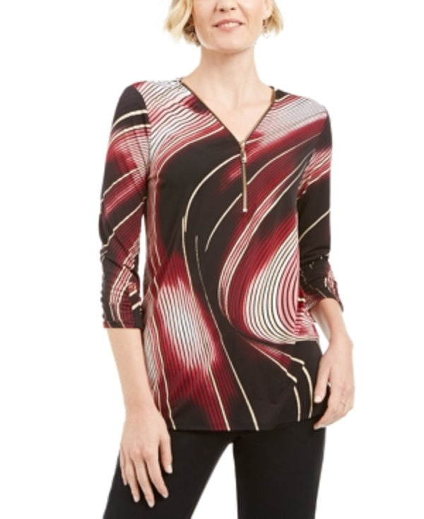 JM Collection Women's Color Block 3/4 Sleeve Zip Neck Top Black Size Petite Small