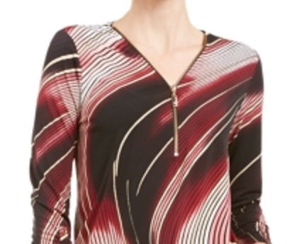 JM Collection Women's Color Block 3/4 Sleeve Zip Neck Top Black Size Petite Small