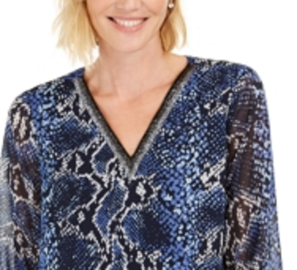 JM Collection Women's Snake Embossed Bubble Top Blue Size Petite Medium