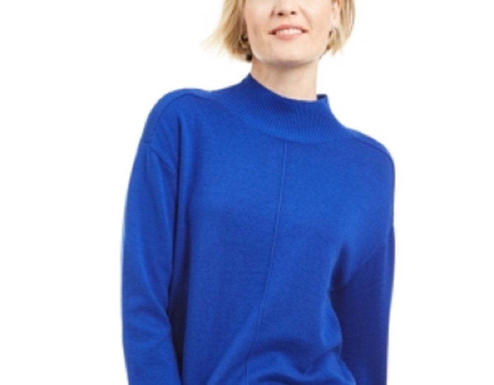 Karen Scott Women's Seam Detail Cotton Mock Neck Sweater Blue Size X-Small