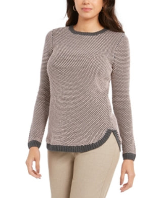 Charter Club Women's Ribbed Patterned Long Sleeve Jewel Neck Sweater Gray Size Large