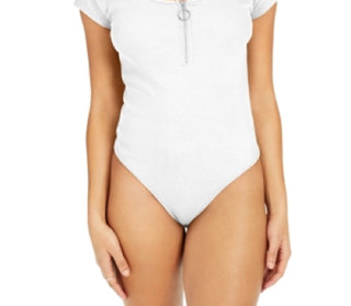 Planet Gold Junior's Rib Knit Quarter-Zip Bodysuit White Size Large