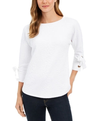 Charter Club Women's Jacquard Bow Cuff Top White Size Petite Medium