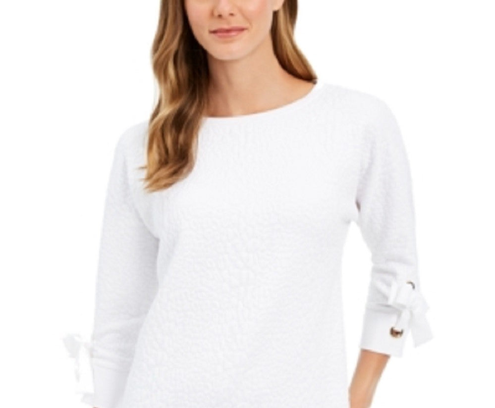 Charter Club Women's Jacquard Bow Cuff Top White Size Petite Medium