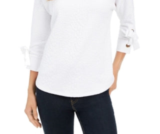 Charter Club Women's Jacquard Bow Cuff Top White Size Petite Medium