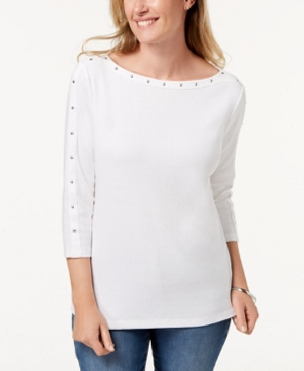 Karen Scott Women's Cotton Boat Neck Studded Top White Size Small