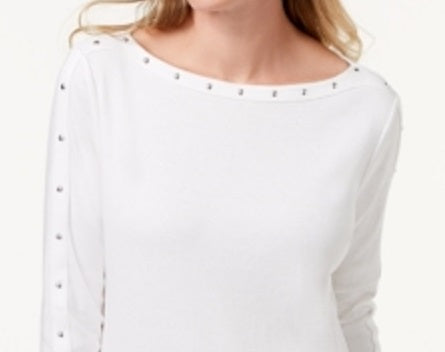 Karen Scott Women's Cotton Boat Neck Studded Top White Size Small
