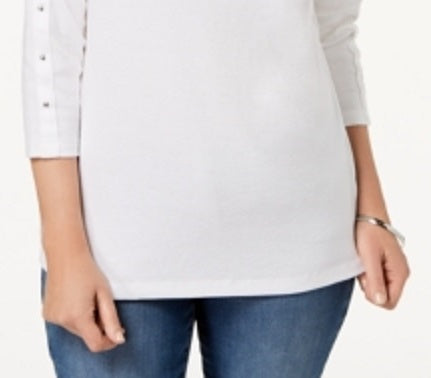Karen Scott Women's Cotton Boat Neck Studded Top White Size Small