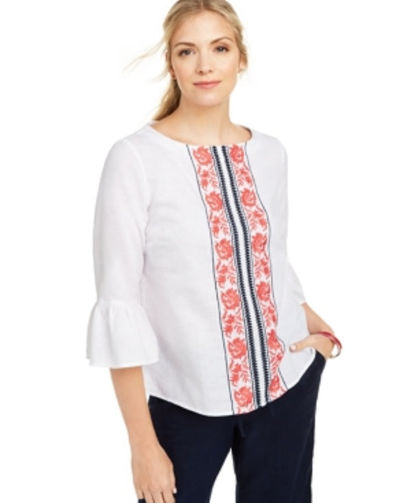 Charter Club Women's Printed Bell Sleeve Linen Blend Top White Size Petite Medium