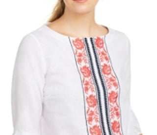 Charter Club Women's Printed Bell Sleeve Linen Blend Top White Size Petite Medium