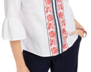 Charter Club Women's Printed Bell Sleeve Linen Blend Top White Size Petite Medium