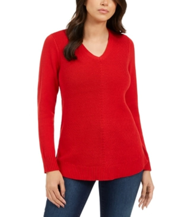 Charter Club Women's Ribbed Long Sleeve V Neck Sweater Red Size Small