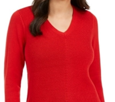 Charter Club Women's Ribbed Long Sleeve V Neck Sweater Red Size Small