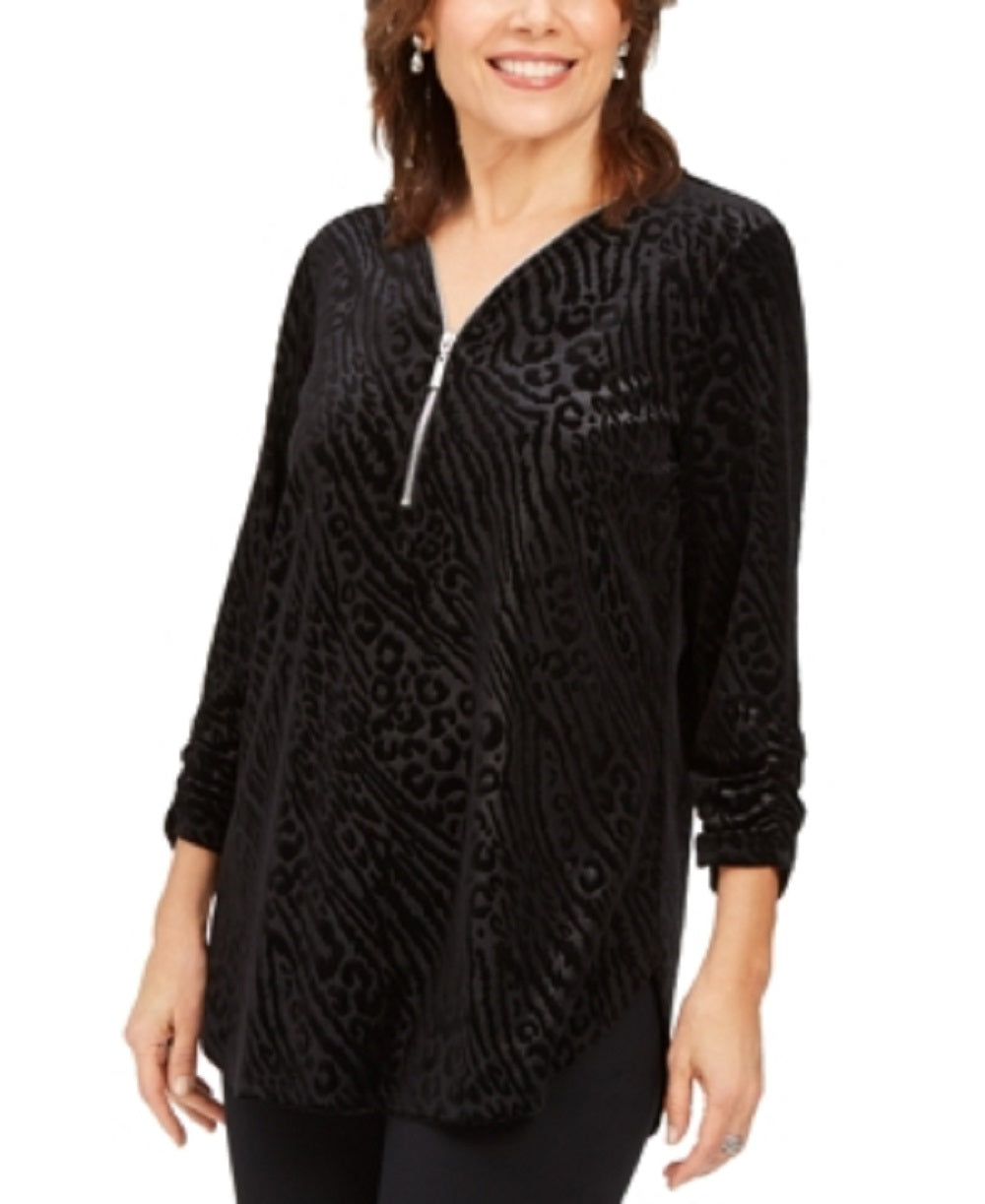 JM Collection Women's Zippered Printed Long Sleeve Crew Neck Blouse Top Black Size Medium