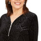 JM Collection Women's Zippered Printed Long Sleeve Crew Neck Blouse Top Black Size Medium