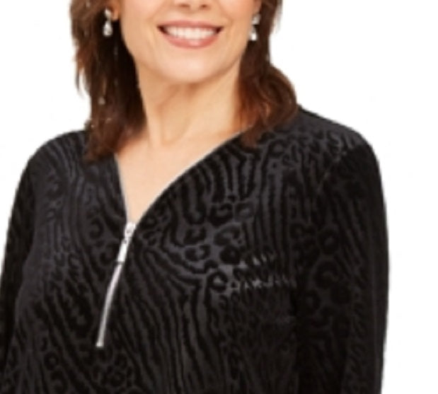 JM Collection Women's Zippered Printed Long Sleeve Crew Neck Blouse Top Black Size Medium