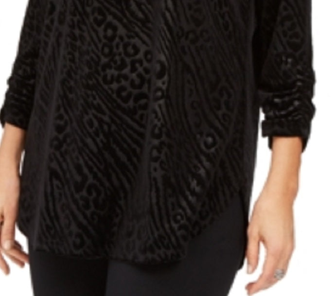 JM Collection Women's Zippered Printed Long Sleeve Crew Neck Blouse Top Black Size Medium