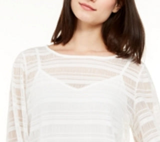 Alfani Women's Sheer Stripe Balloon Sleeve Top White Size Petite L
