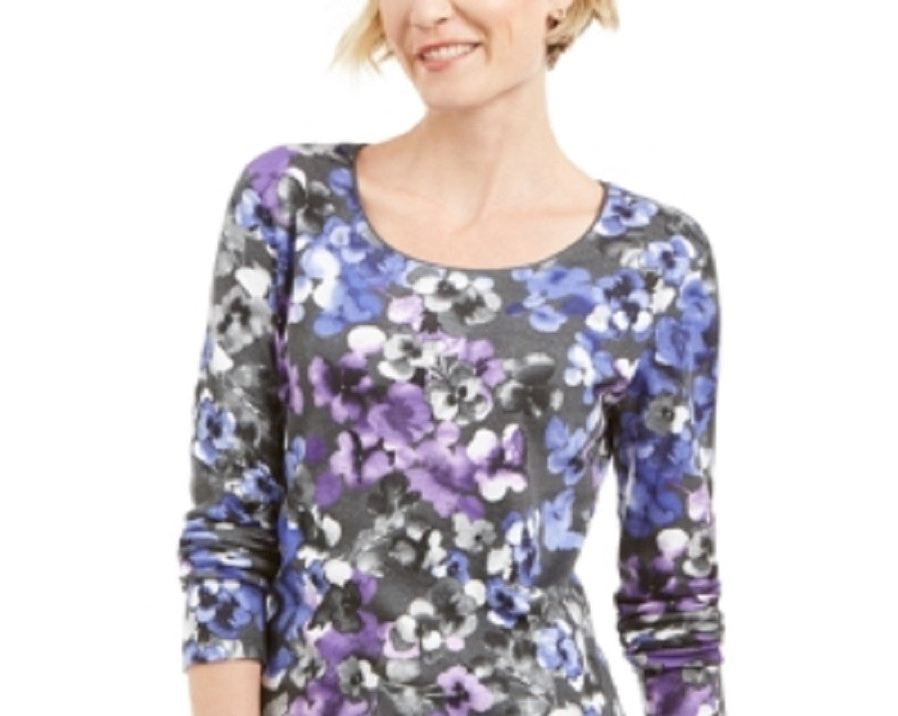 Karen Scott Women's Printed Scoop Neck Top Gray Size Large