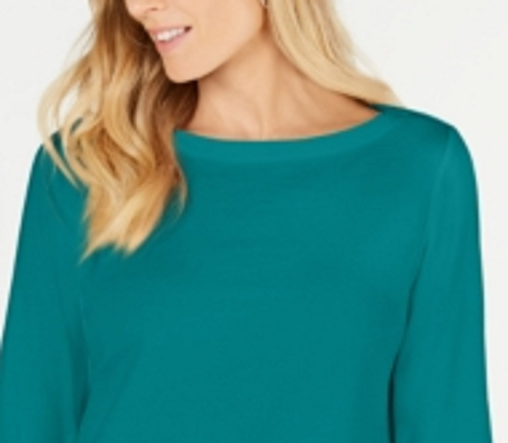 Karen Scott Women's Cotton Boat Neck 3/4 Sleeve Knit Top Green Size Small
