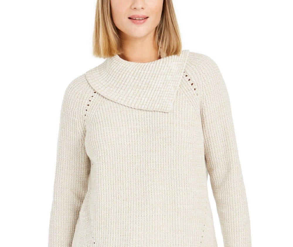 Style & Co Women's Pointelle Envelope Neck Sweater Brown Size Petite L