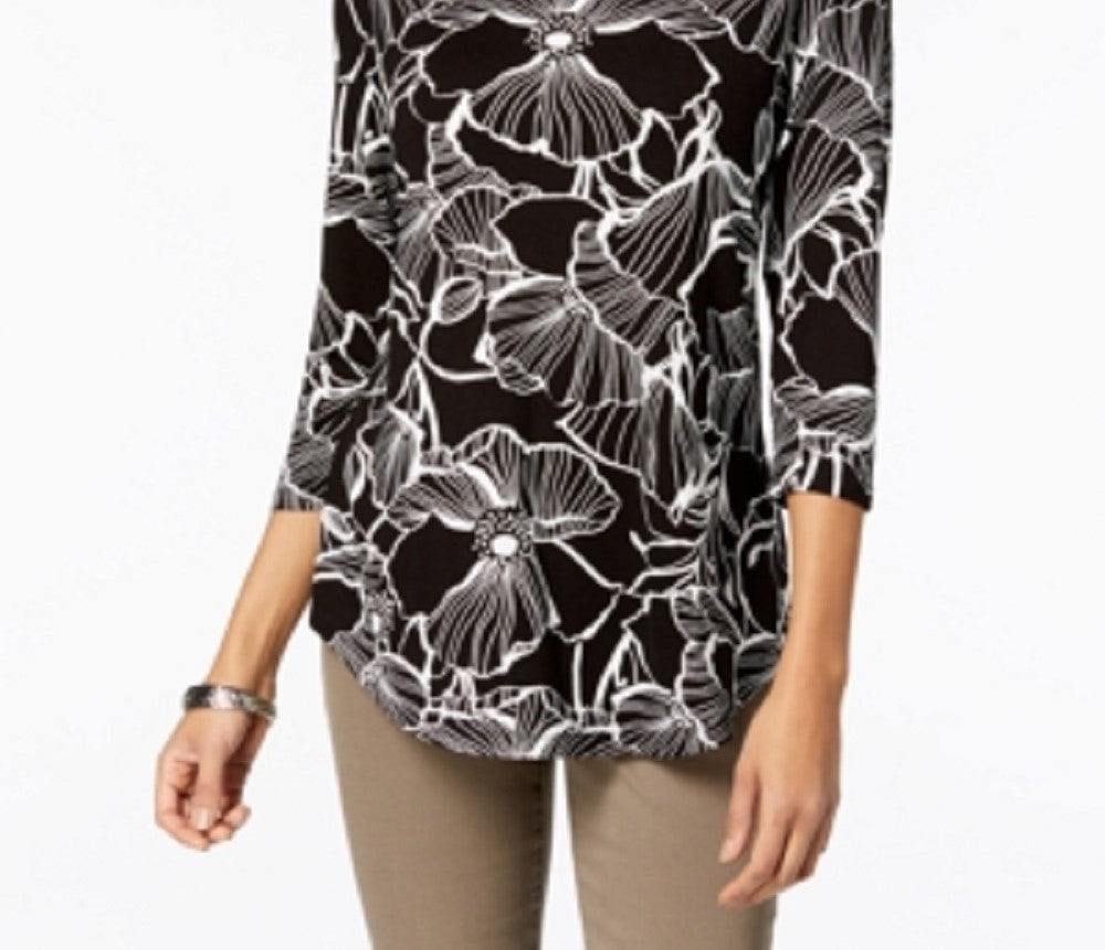 JM Collection Women's 3/4 Sleeve Printed Top Black Size X-Small