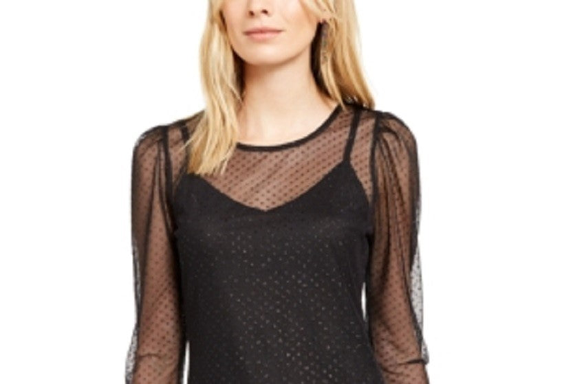 INC International Concepts Women's Glitter Mesh Blouse Black Size Petite Medium
