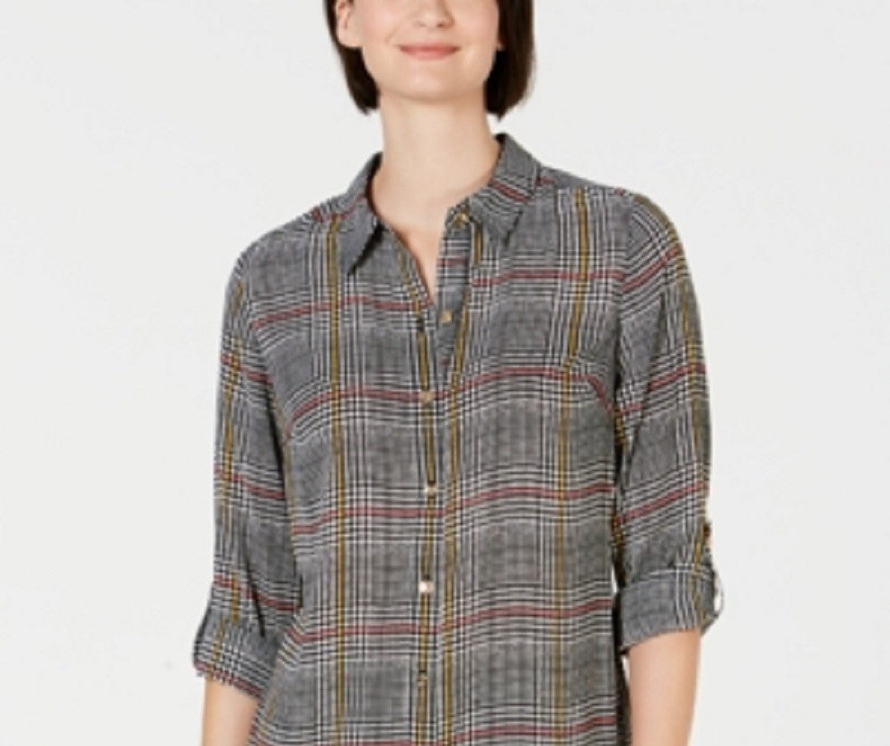 Charter Club Women's Houndstooth Long Sleeve Button Up Top Black Size Petite Small