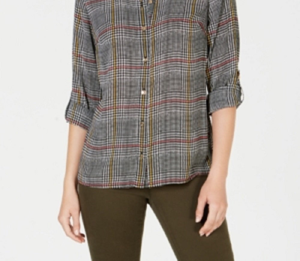 Charter Club Women's Houndstooth Long Sleeve Button Up Top Black Size Petite Small